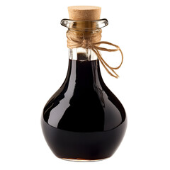 A bottle of balsamic vinegar with a dark rich color on white background