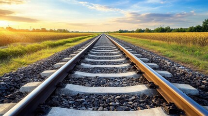 Endless Journey: Railroad Tracks Through Golden Fields at Sunset