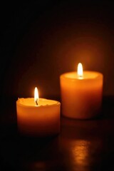 Burning candles cast a golden glow on a dark background, symbolizing remembrance, grief, bereavement