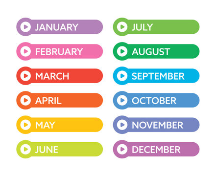 Twelve month names in colored buttons. twelve month names. 12 month names with arrow signs