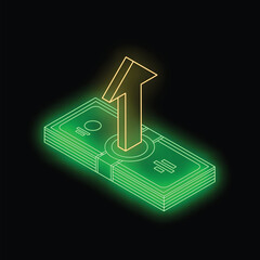 Fototapeta premium Stack of neon green banknotes increasing with a gold arrow, representing financial growth