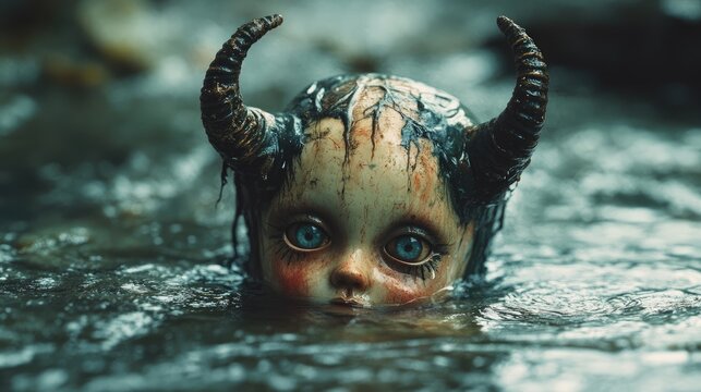 Eerie Doll Head with Horns Emerging from Dark Water in Atmospheric Environment