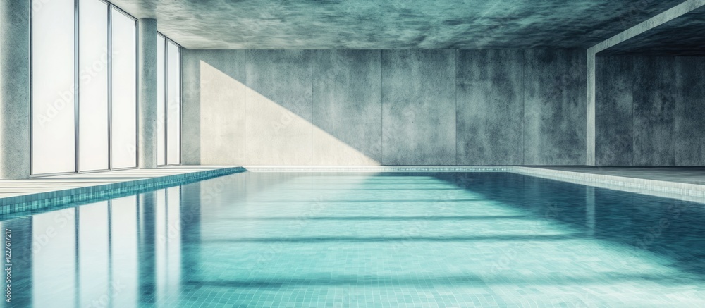 Poster indoor pool with grey background texture and calm water reflection for blank text space
