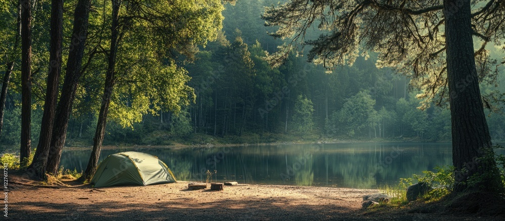 Poster serene campsite by a calm forest lake surrounded by trees with clear space for text and branding. pe