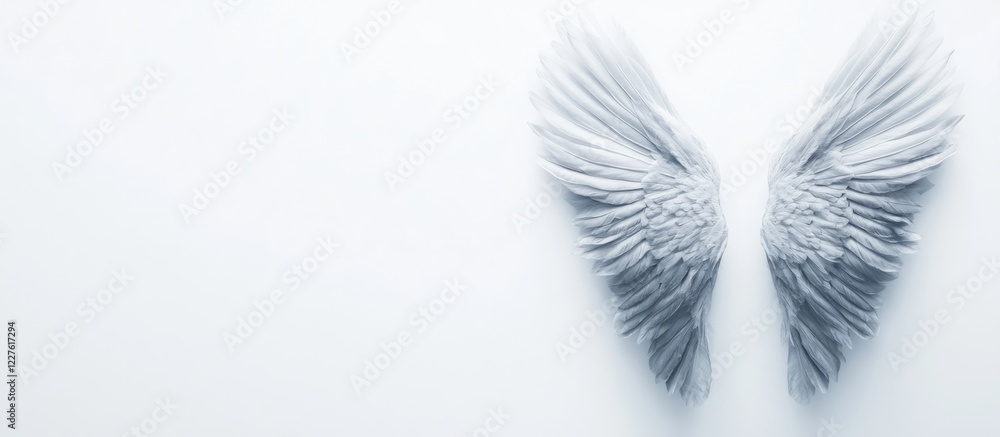 Poster grey angel wings on white background minimalist design with space for text and graphics