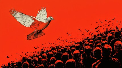 Fototapeta premium Illustration of a dove flying above a crowd of human rights supporters Stock Photo with side copy space