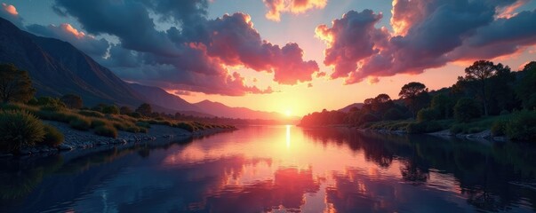 Fototapeta premium A tranquil river at dawn with the sun peeking through behind clouds and starry sky in the background, Milky Way, natural