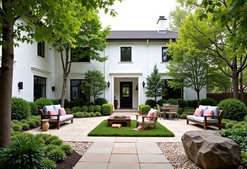 Obraz premium White Building and Lush Garden, Courtyard Scene, Plants and Stones, Throw Pillows, Mature Trees, HD Image, Tranquil Outdoor Space, Elegant Setting, No Text.