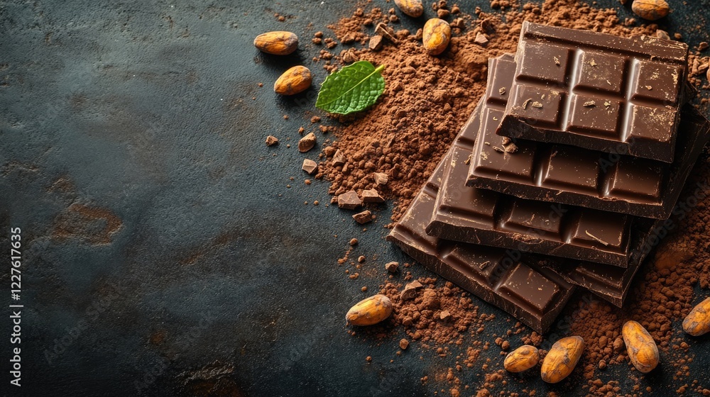 Poster top view of cocoa powder and chocolate bars with cocoa beans and leaves on a dark background for nat