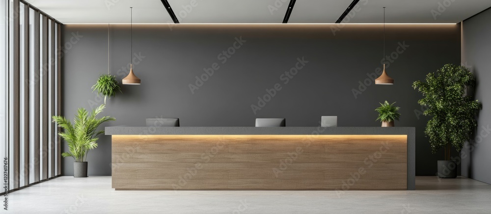 Poster modern office reception area featuring grey and mocha tones with minimalist design and ample empty s