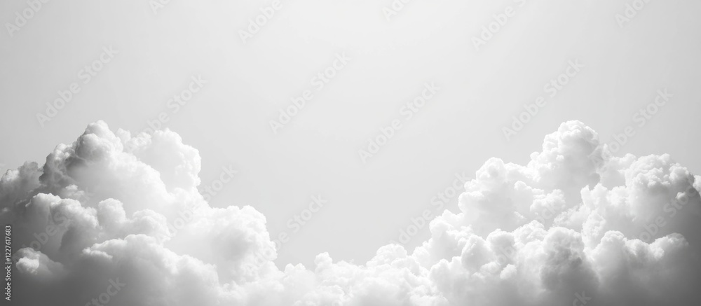 Poster cloudscape featuring soft grey and white clouds against a light grey backdrop with ample space for o