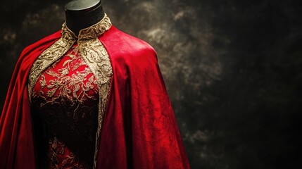 Obraz premium Elegant mannequin torso with vibrant red cape showcasing intricate fabric design under soft lighting for fashion and textile imagery.