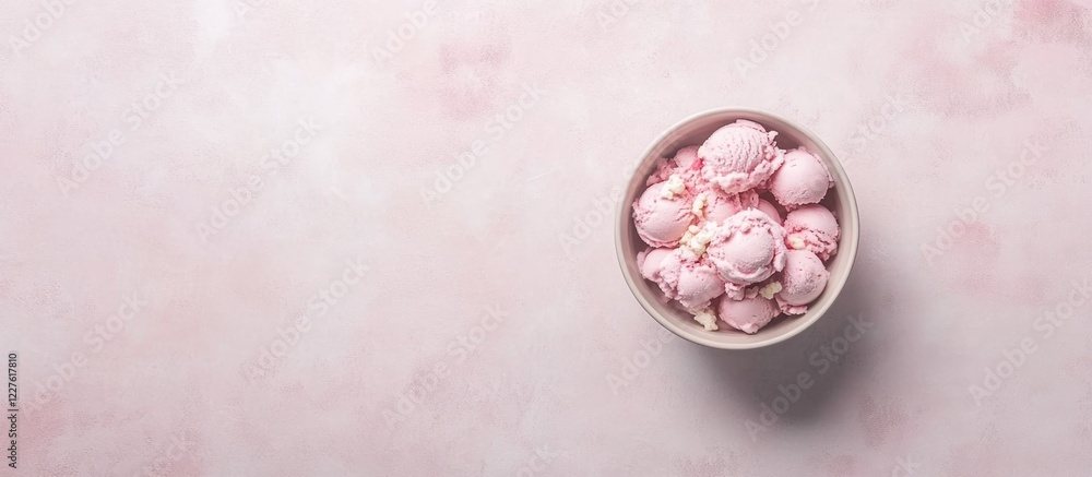 Poster grey and pink ice cream in a bowl on a soft pastel background with ample space for text or culinary 