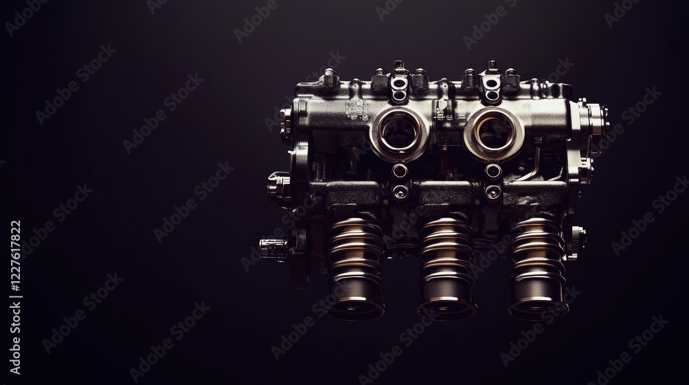 Poster close up of a sleek car engine showcasing intricate components such as the engine block and camshaft