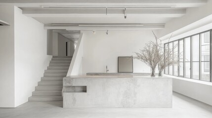 Fototapeta premium Minimalist interior of a bright white room showcasing a concrete and marble kitchen island with natural elements and abundant light.