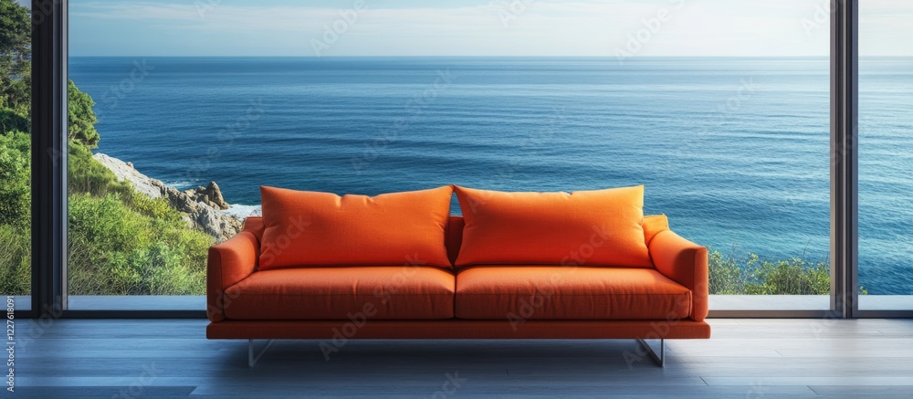 Poster stylish grey and orange couch by large window overlooking serene ocean view with ample space for tex