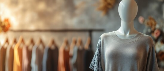 Plus sized grey and white mannequin displayed in stylish clothing store with empty space for text and assorted garments in the background