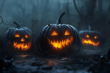 Glowing Jack-o'-Lanterns in a Spooky Forest Under Full Moon with Flying Bats and Autumn Leaves Creating an Eerie Halloween Night Atmosphere