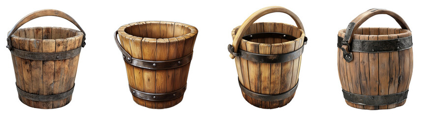 Four Rustic Wooden Buckets With Metal Bands