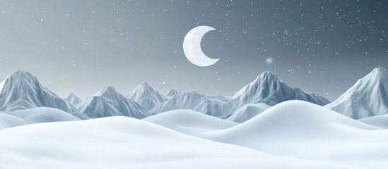 Naklejka premium Snowy mountain landscape with grey and white moon under a starry sky providing empty space for seasonal text or greetings
