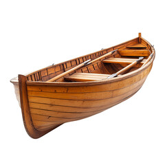 A classic wooden boat with oars resting on white background