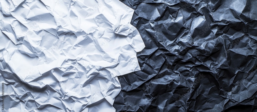 Poster crumpled grey and black paper texture background with ample empty space for creative text or design 