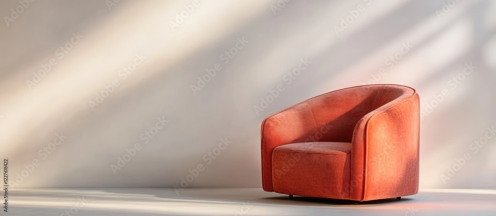 Poster grey and apricot armchair in boho decor fusion with soft light and empty space for text or design el