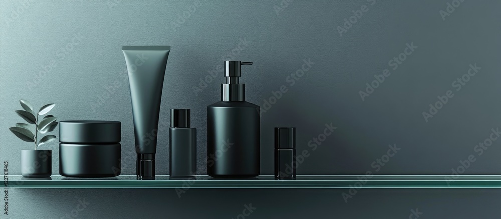 Aufkleber modern minimalist skincare products in grey and black displayed on a glass shelf with ample empty sp