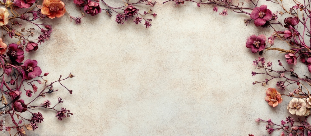 Poster floral greeting banner with beautiful handcrafted blooms on textured paper background and empty spac