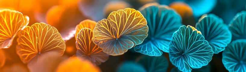 Vibrant teal & orange leaves macro, garden blur