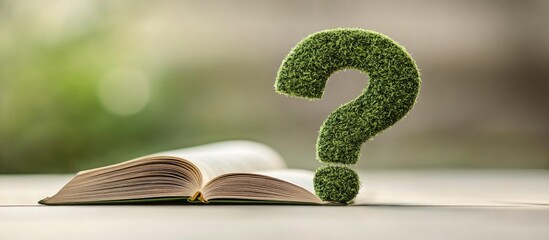 Green question mark symbolizing creativity and innovation next to an open book representing curiosity with space for thoughtful text or ideas