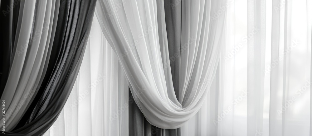 Poster layered grey and black sheer curtains draping elegantly with glass background and ample copy space f