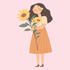 A cute girl holding a sunflower Cartoon Vector Illustration