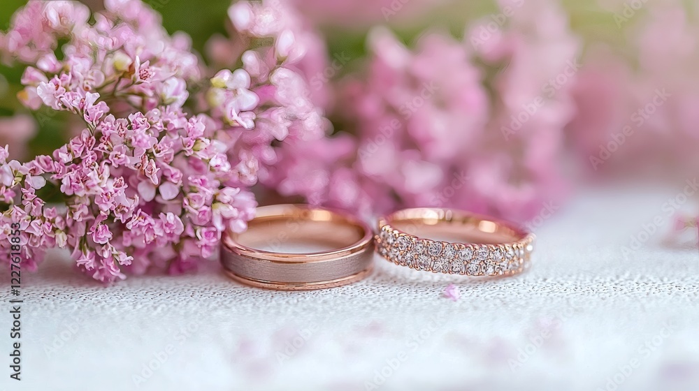 Poster symbolic image of wedding bands placed over a religious text stock photo with side copy space