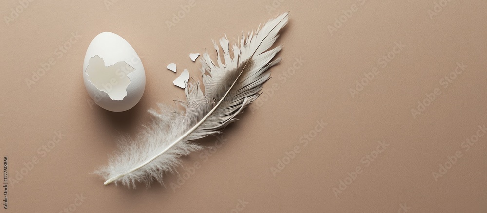 Poster greeting card design with feather and eggshell on beige background providing blank space for persona