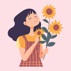 A cute girl holding a sunflower Cartoon Vector Illustration