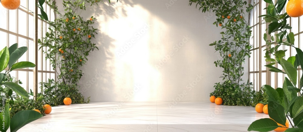 Aufkleber interior greenhouse with orange citrus trees creating a serene ambiance and ample empty space for te
