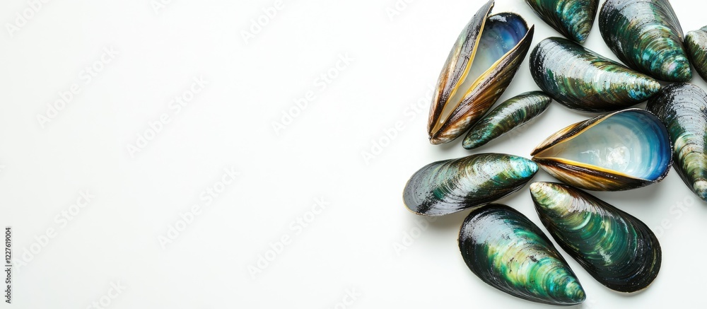 Poster greenshell mussels arranged on a white background with ample empty space for text or design elements