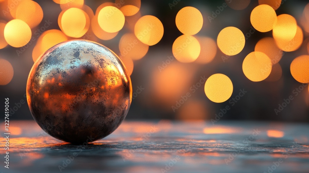 Poster illuminated bronze sphere on textured surface with vibrant bokeh lights creating a magical and dream