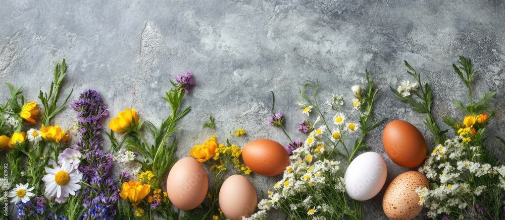 Aufkleber easter greeting card design with colorful eggs and wildflowers framed by empty space for personalize