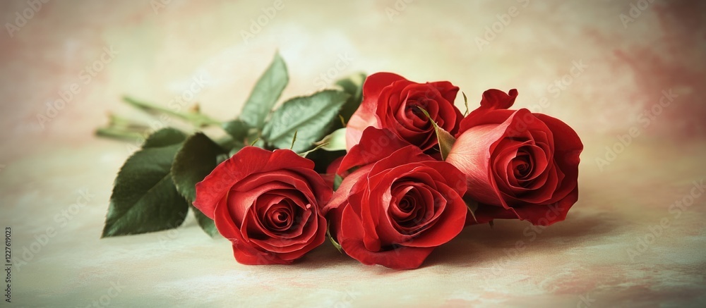 Poster elegant greeting card design showcasing vibrant red roses on a soft pastel background with ample spa