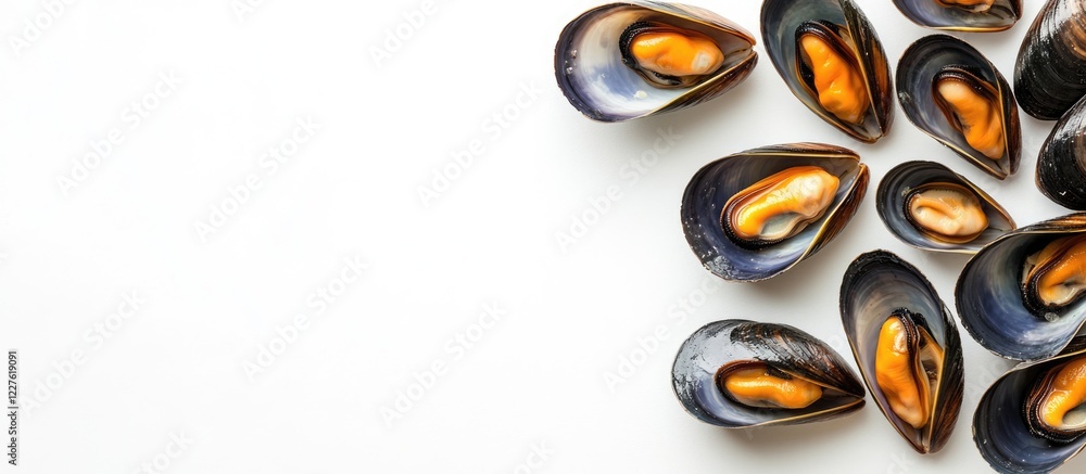 Poster greenshell mussels arranged on a white background with ample blank space for customizable text or pr