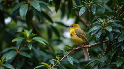 green bird with a rounded body perched on a branch of dense foliage, green bird, bird on branch, small bird
