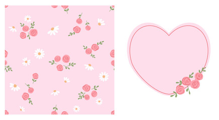 Seamless pattern with rose, green leaves and daisy flower on pink background. Heart sign with pink rose card vector.