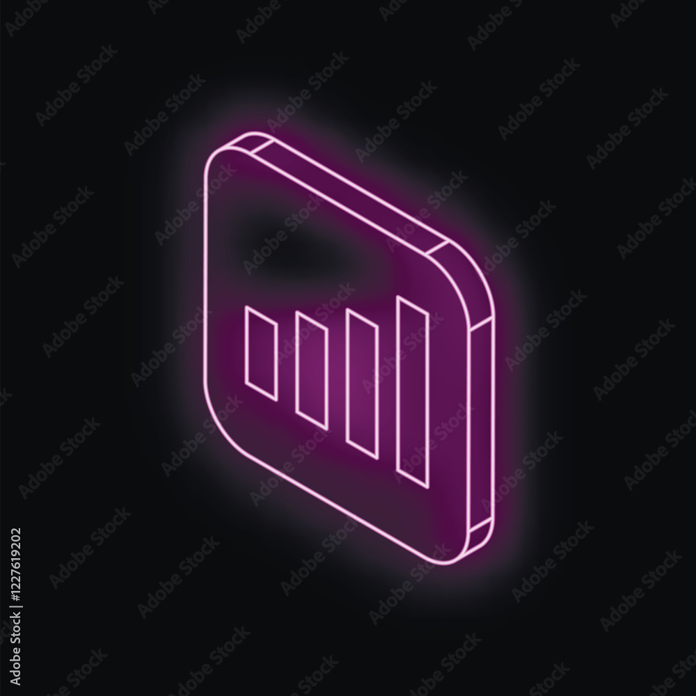 Poster neon bar graph icon glowing purple in rounded square representing business growth and data analysis