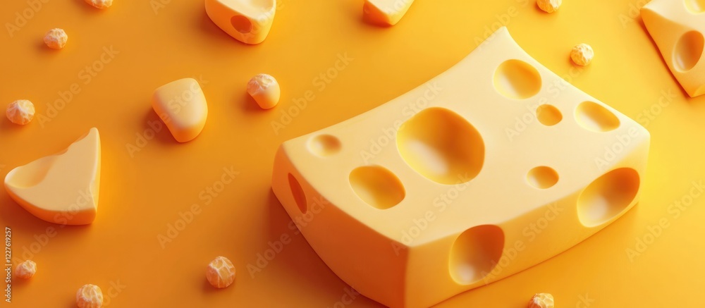 Poster cheese block greeting card design with empty space for personalized text on a vibrant orange backgro