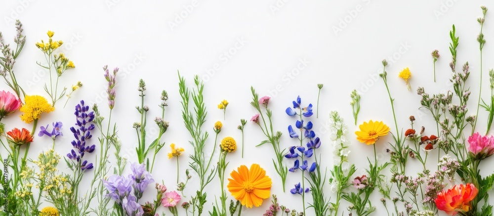 Poster nature-themed greeting card design featuring colorful flowers on a white background with ample space