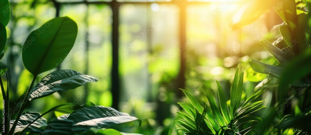 Poster greenhouse interior with vibrant greenery and soft focus background creating an inviting space for a
