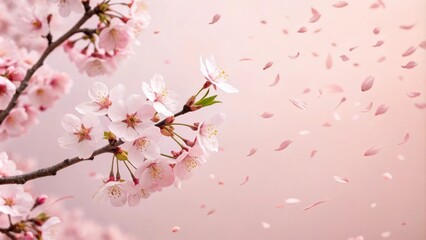 Fototapeta premium Pink sakura petals falling from a blooming cherry blossom tree on a soft pastel pink background, spring, nature, gentle fall, sakura, flowers
