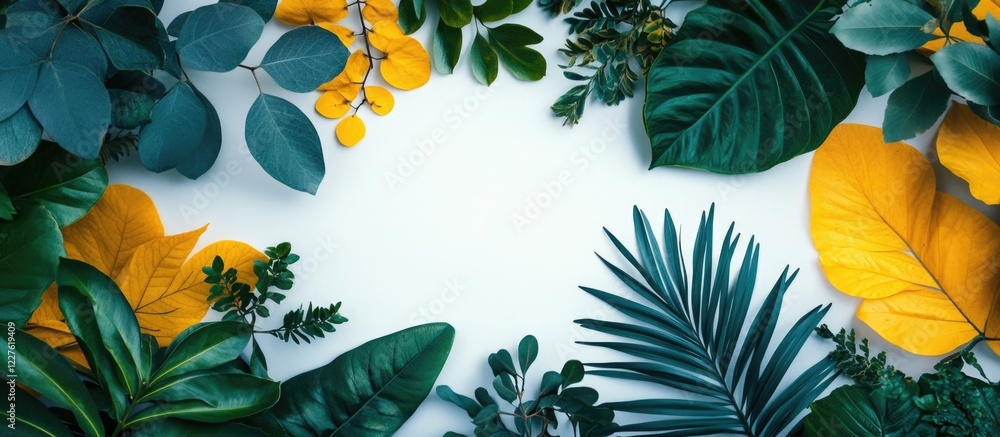 Poster botanical greenery pattern with yellow accents and empty space for text in a winter-themed backgroun